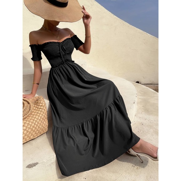 Off the Shoulder Shirred Bodice Ruffle Hem maxi Dress boho black - Picture 3 of 6